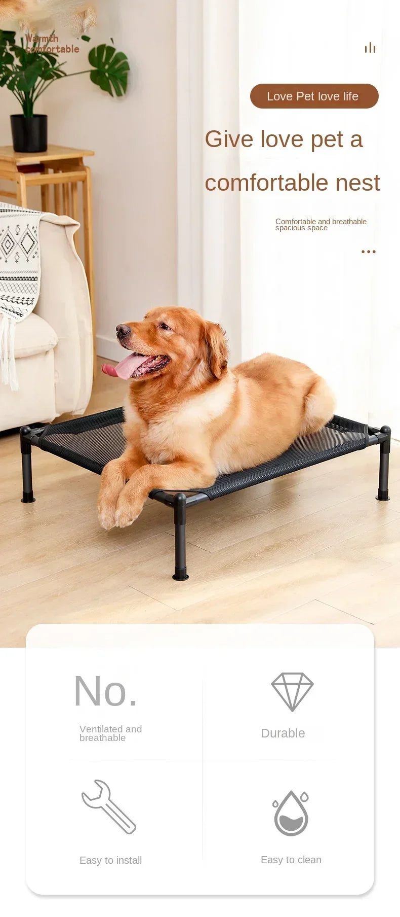 A golden retriever is relaxing on a black portable folding pet bed with a removable cover indoors.
