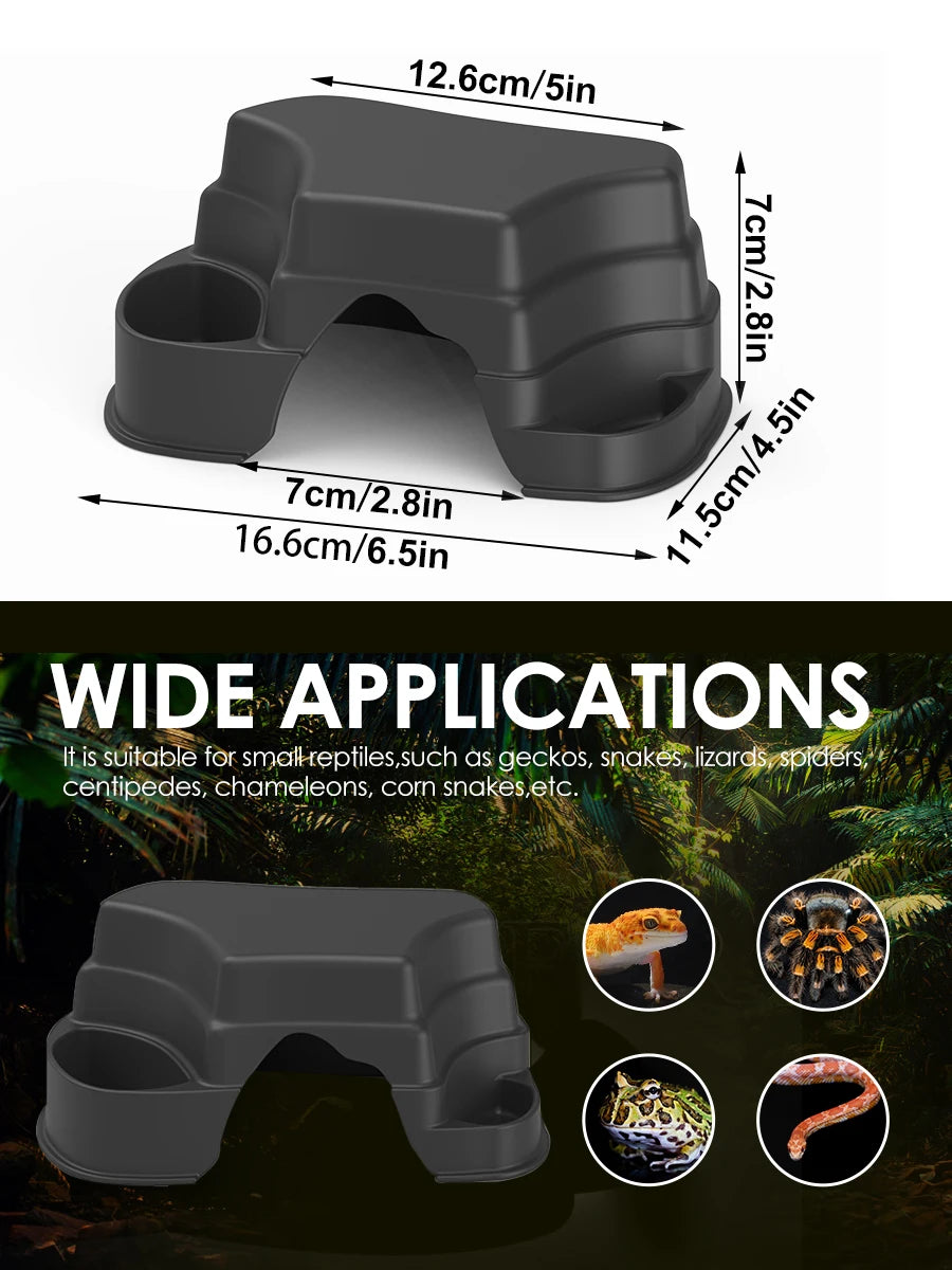 A black reptile hide cave decoration featuring multiple compartments and food bowls for various small reptiles.
