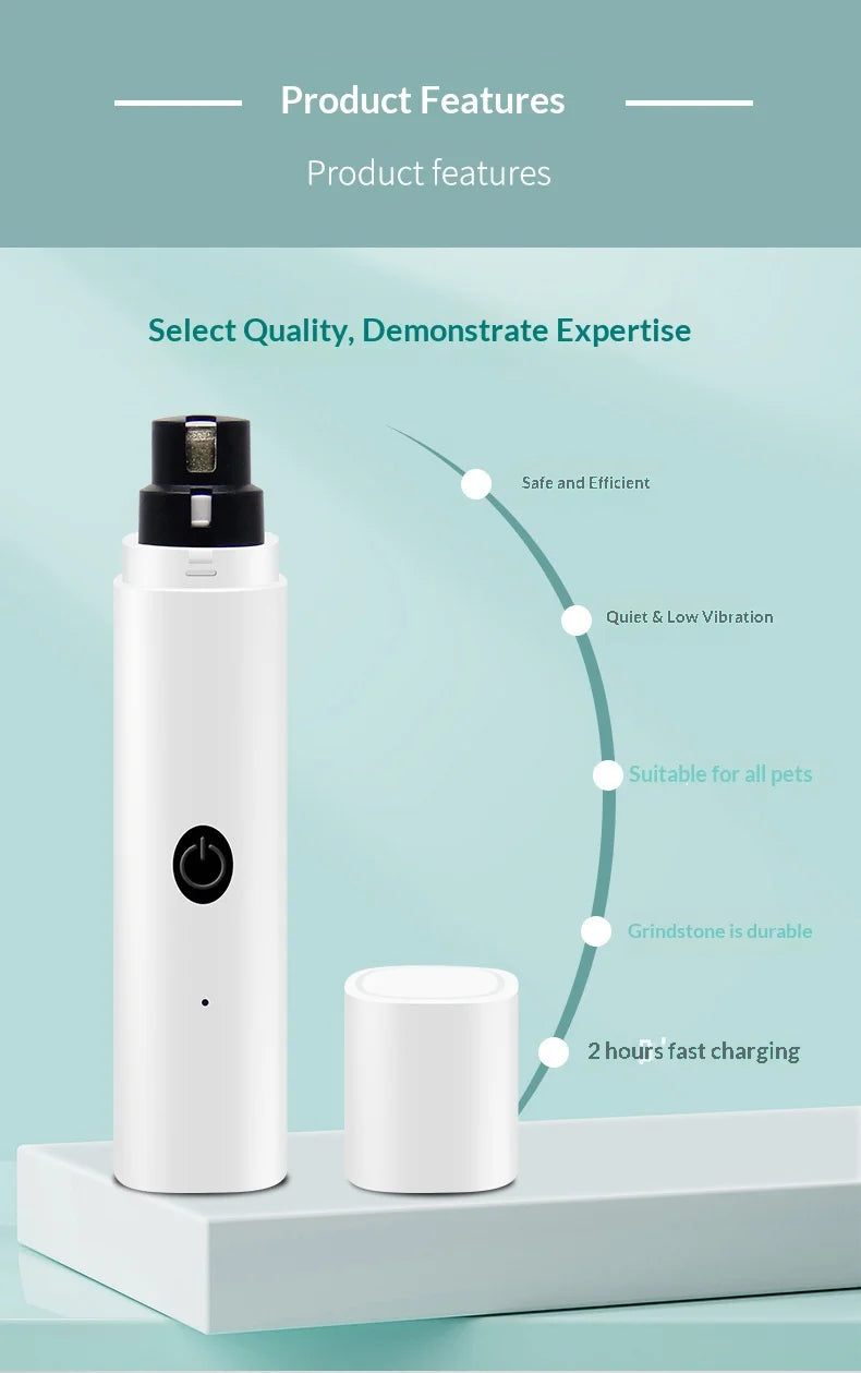 A white quiet rechargeable pet nail grinder is shown standing on a light blue surface with features highlighted.