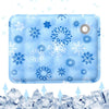 A light blue pet cooling mat patterned with blue snowflakes resting on a bed of ice.