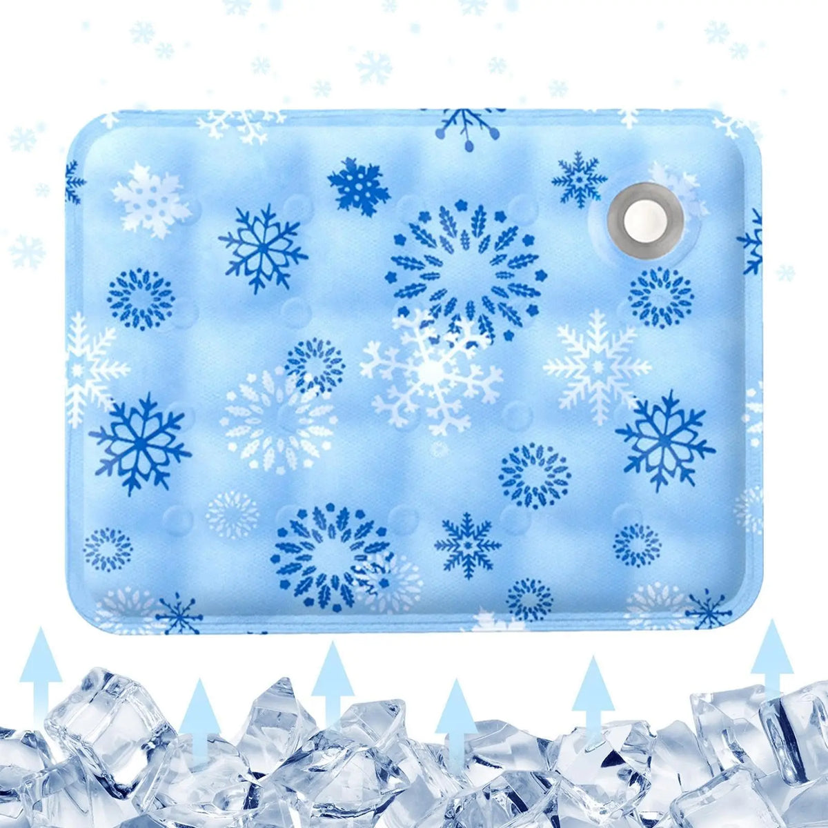A light blue pet cooling mat patterned with blue snowflakes resting on a bed of ice.