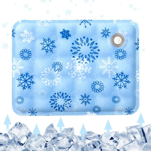 A light blue pet cooling mat patterned with blue snowflakes resting on a bed of ice.