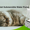 A small white submersible water pump is shown next to a sleeping cat, demonstrating its ultra quiet performance.