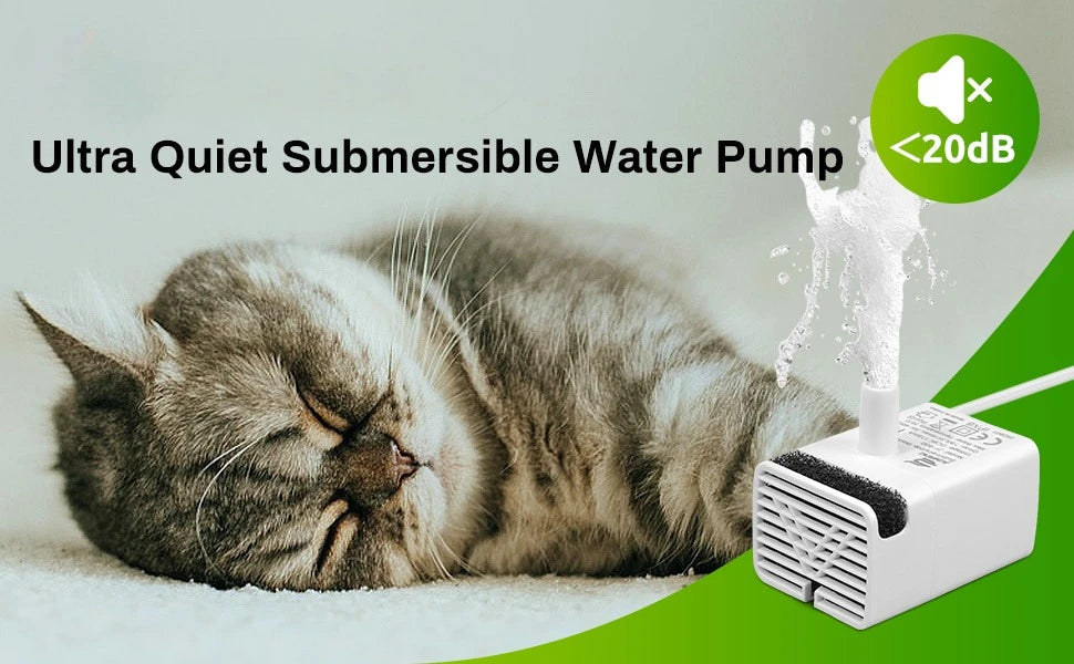 A small white submersible water pump is shown next to a sleeping cat, demonstrating its ultra quiet performance.