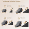 Four different sizes of non-slip curved pet stairs ramps shown with cats for scale.