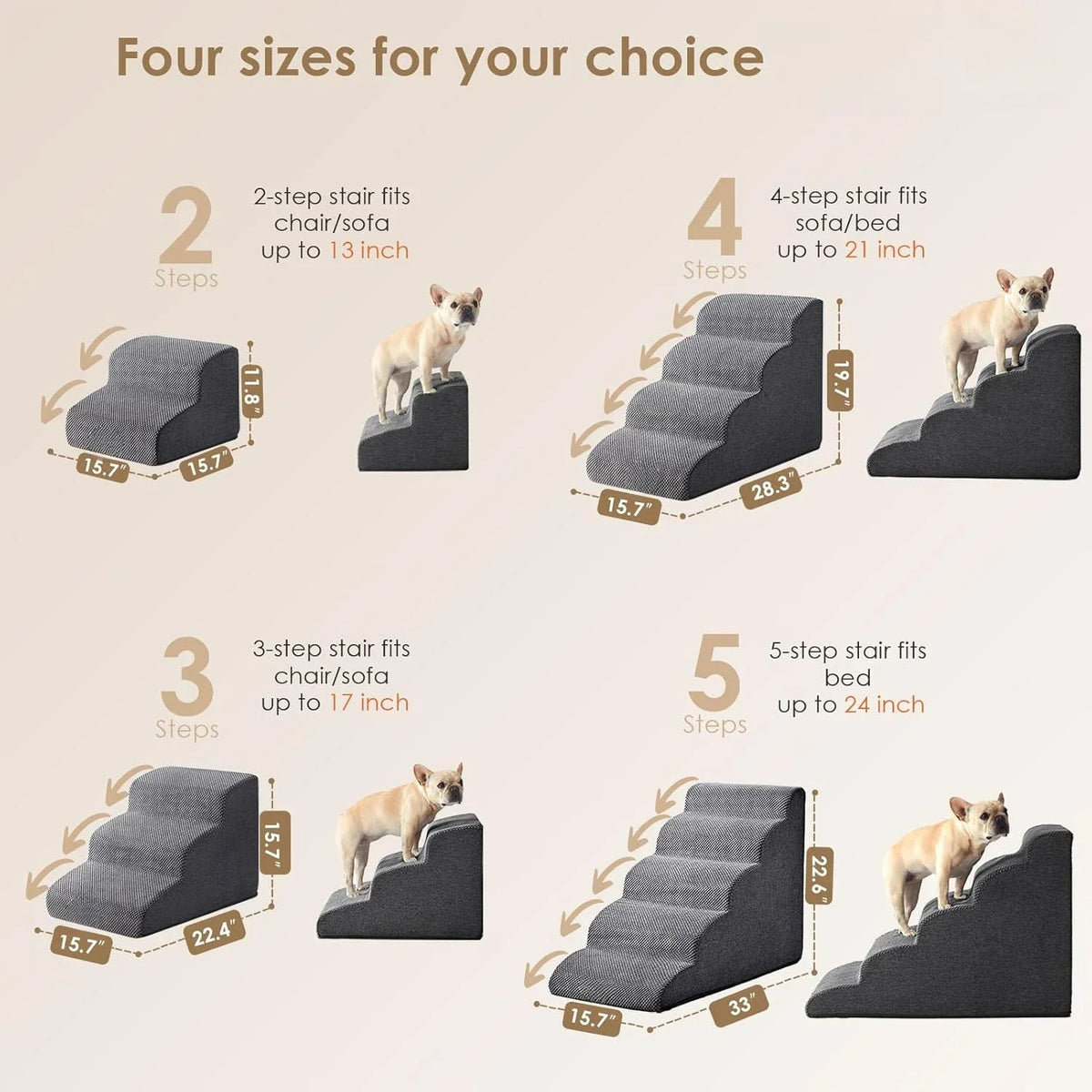 Four different sizes of non-slip curved pet stairs ramps shown with cats for scale.
