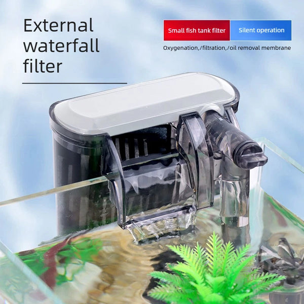 External waterfall filter for aquarium water treatment featuring an oil removal membrane and silent operation.