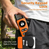 An orange security keypad lock device is shown being held by a hand, with text indicating less accidental shock.