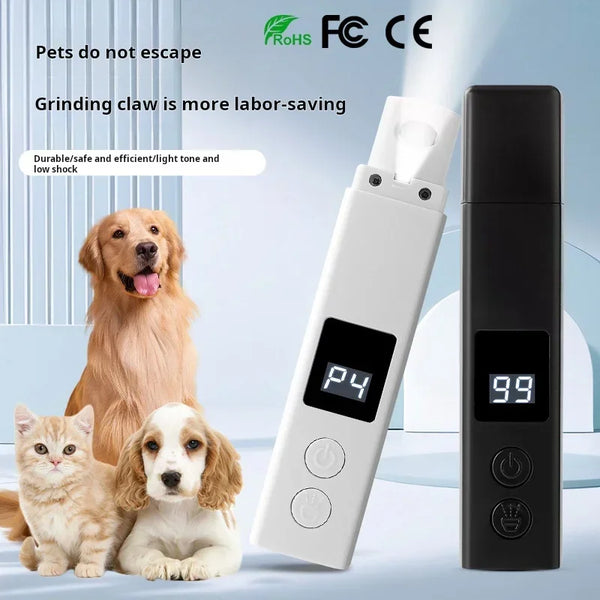 A white pet nail grinder device is shown next to a black version, with a dog and a cat in the background.