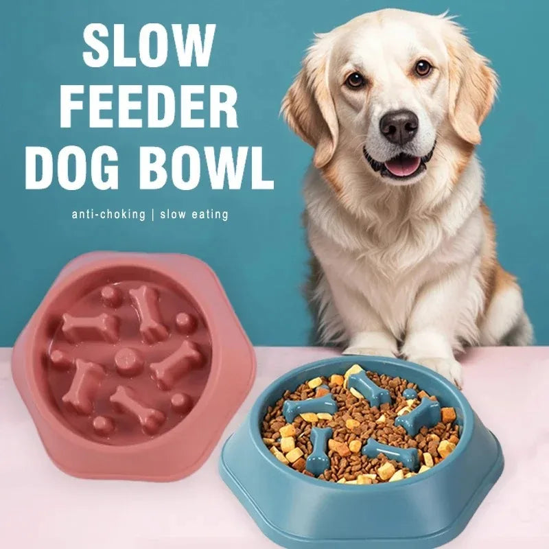 A golden retriever dog is sitting next to a pink anti-choking slow feeder dog bowl filled with kibble.