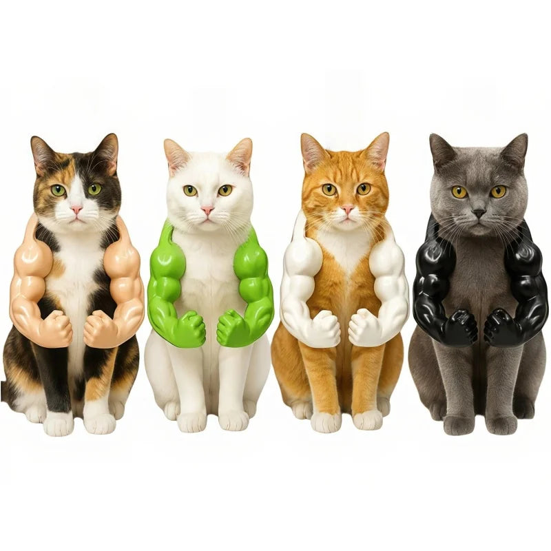 Vier 3D gedruckte Muskel-Tierkostüme für Katzen und Hunde in verschiedenen Farben wie Schwarz, Weiß, Orange und Grau.