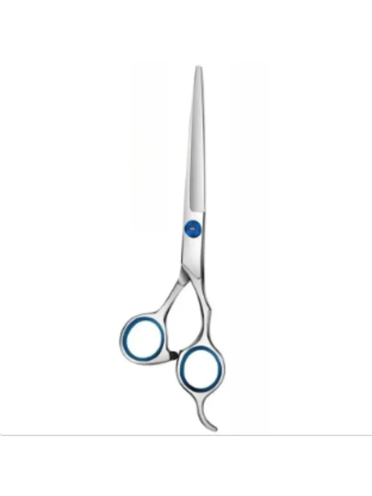 A pair of professional stainless steel pet grooming scissors with blue accents.