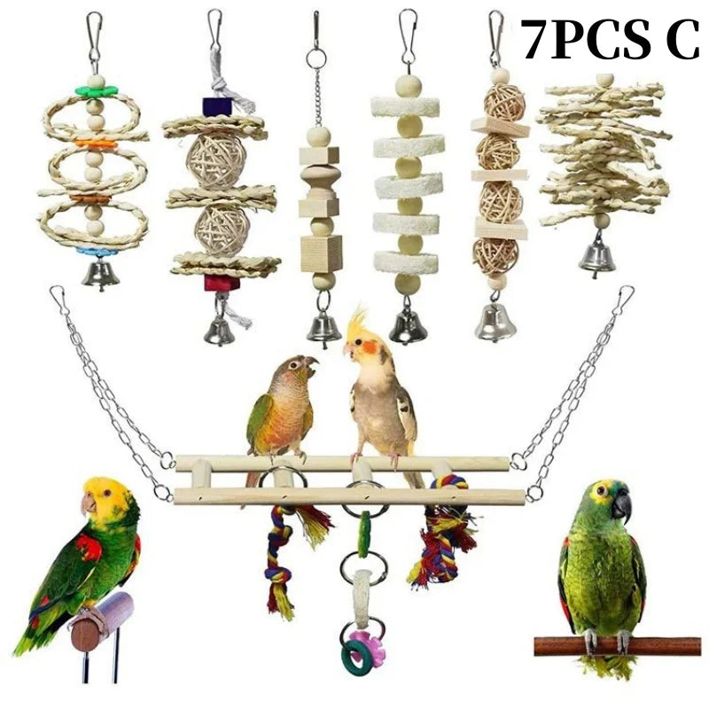 Seven pieces of natural wooden swing and chewing toys for parrots, including a main swing and several smaller toys.