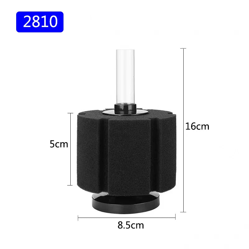 A black biochemical sponge filter with a clear glass tube, shown from the side.