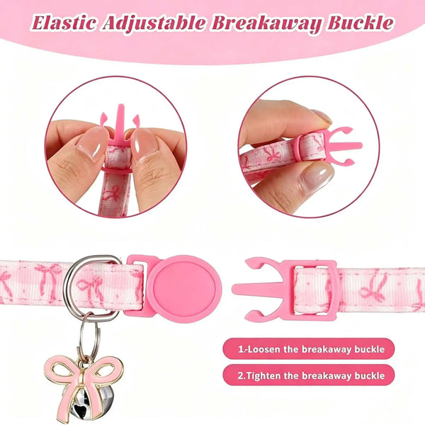Pink elastic adjustable breakaway buckle collar with a bow pendant shown in close-up views