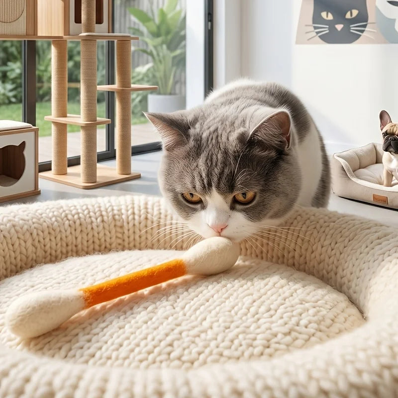 A gray cat is interacting with a white cat toy wand in a knitted cat bed.