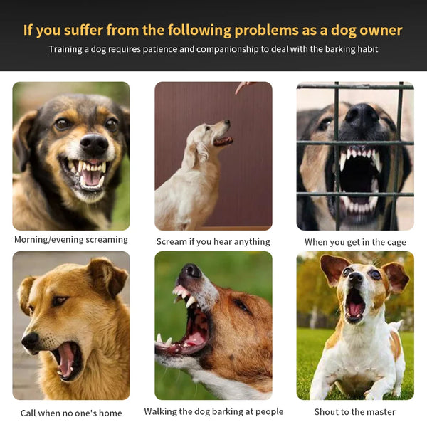 A collage of dog owners dealing with barking habits, showing various emotional reactions like screaming and growling.