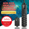 A black submersible heater with a cord is shown next to a safety component, emphasizing its use for bottom filtration.