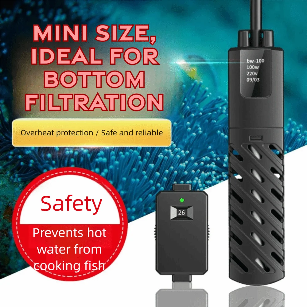 A black submersible heater with a cord is shown next to a safety component, emphasizing its use for bottom filtration.