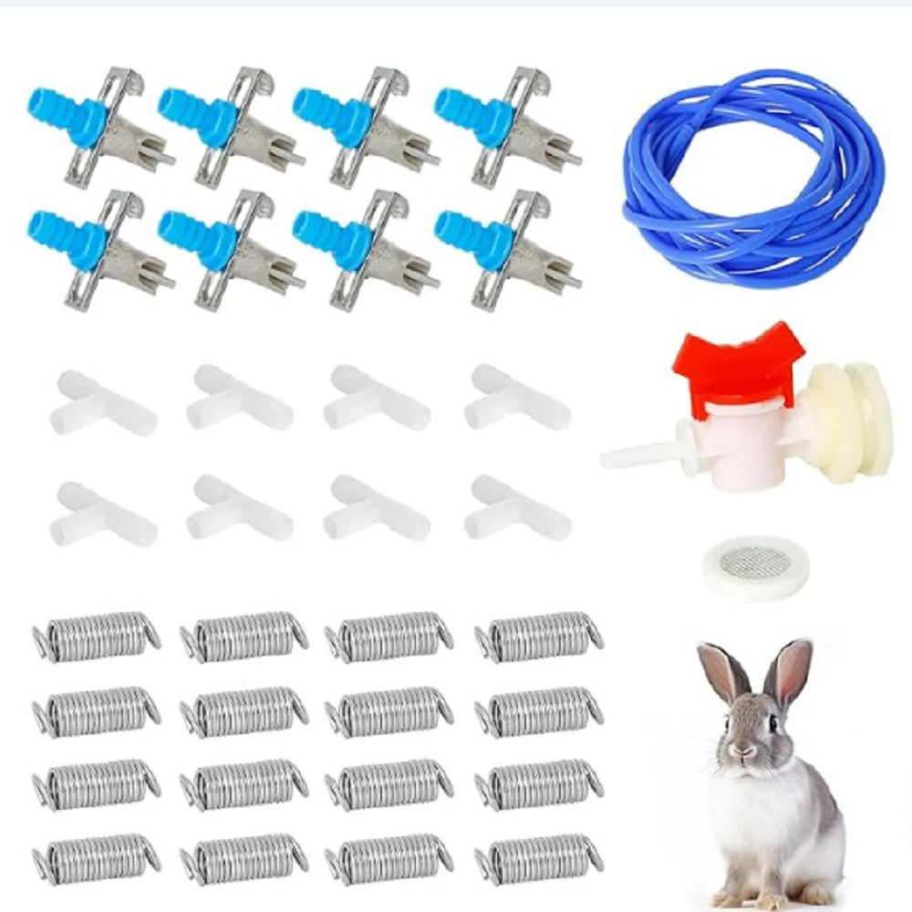 A set of automatic rabbit drinking nipple waterers in various sizes and colors.