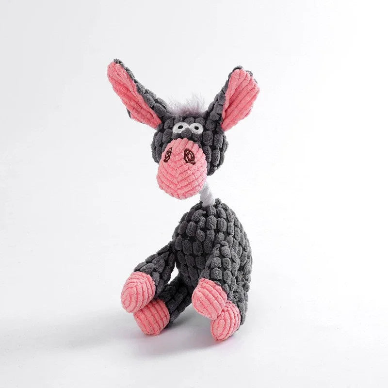 A plush toy resembling a donkey or horse with pink ears and a gray body, designed as a squeaky dog toy.