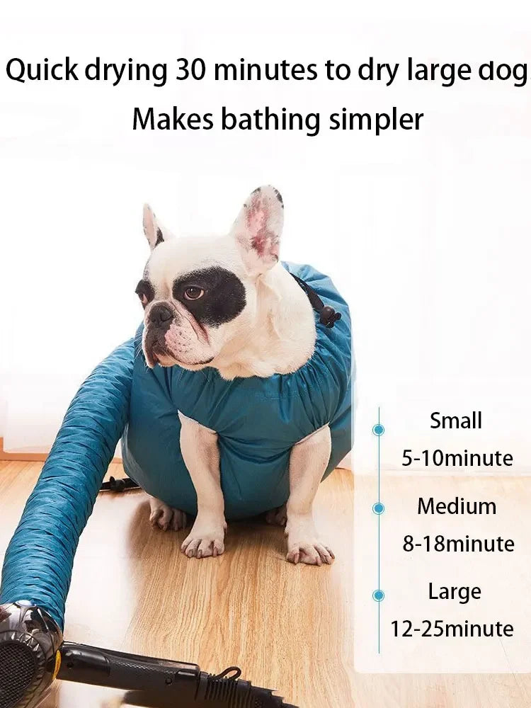 A white dog is sitting inside a blue foldable drying bag on a wooden floor.