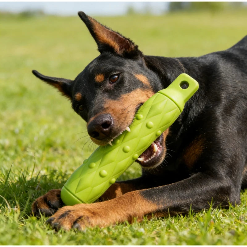 A black and tan dog is lying down with a bright green chew toy in its mouth on green grass.