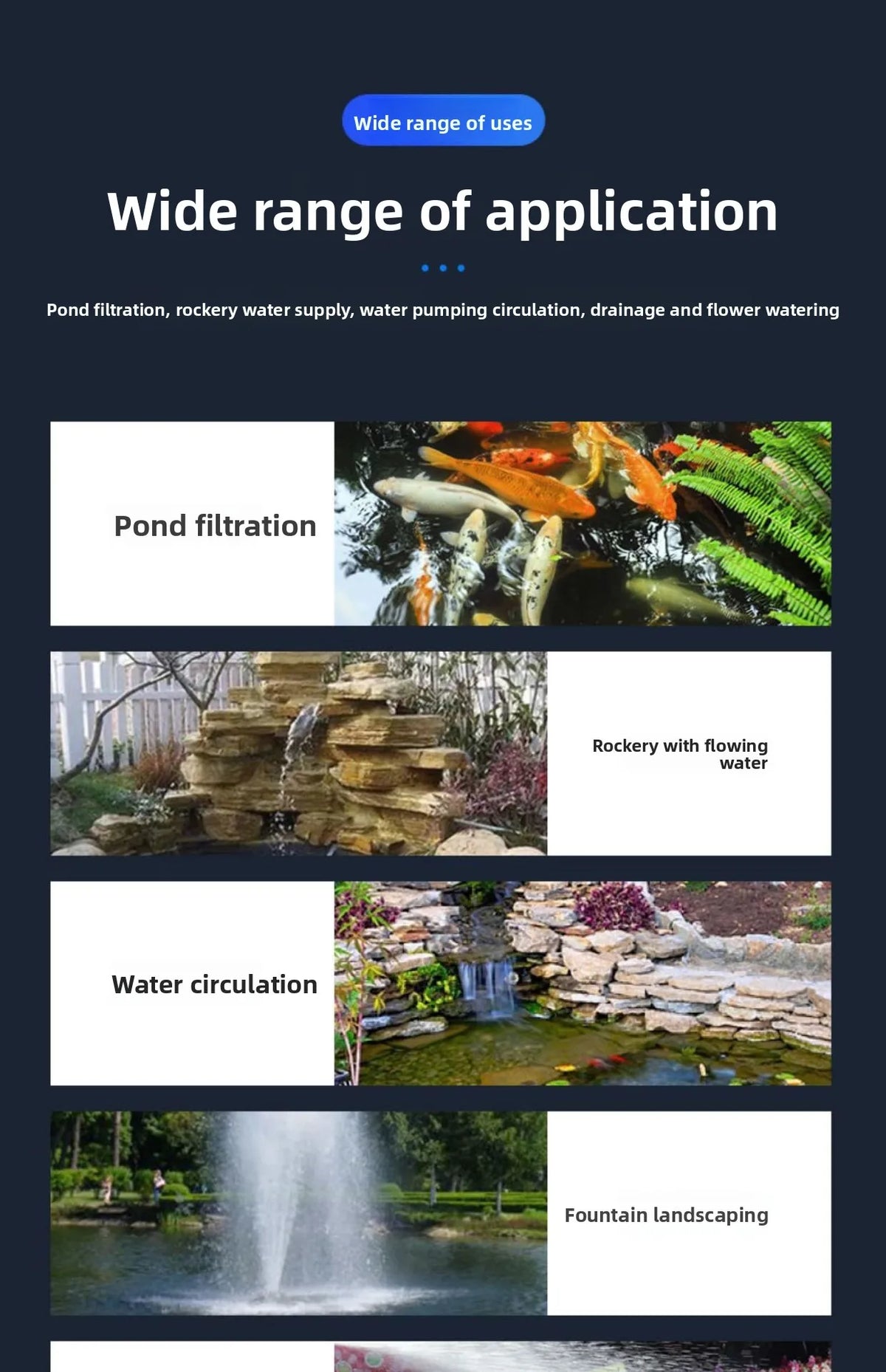 Collection d'images montrant diverses applications d'une pompe de circulation d'eau pour filtration de bassin, rocailles et
