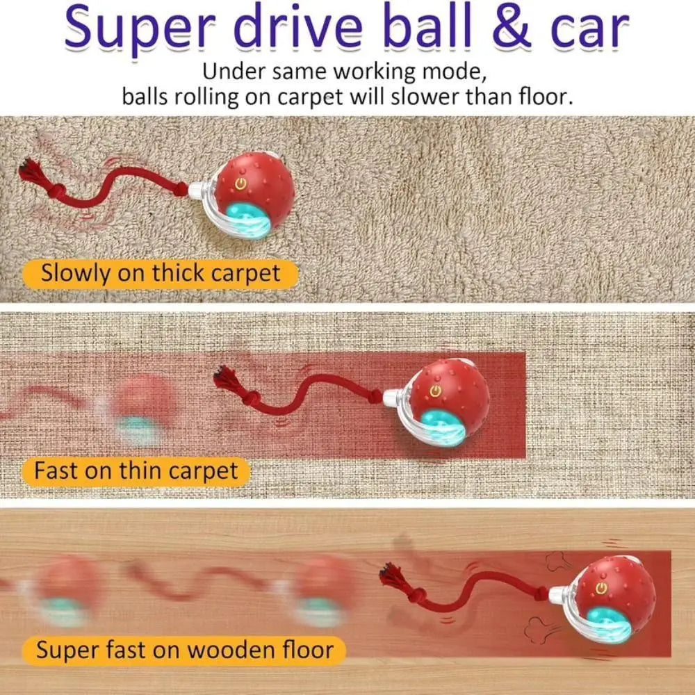 Demonstration of a Super drive ball and car slowing down on thick carpet, thin carpet, and wooden floor.
