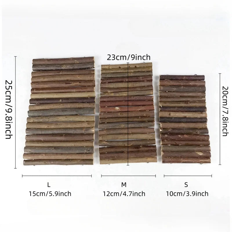 Three sizes of natural wood branch chew toys labeled L M and S for small pets