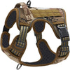 A brown tactical dog harness with a padded chest and secure buckle is shown from the back.