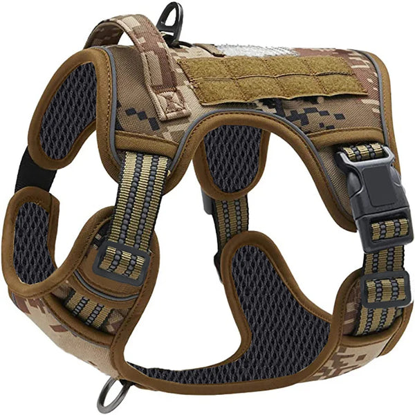 A brown tactical dog harness with a padded chest and secure buckle is shown from the back.