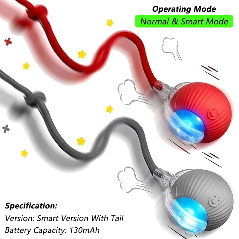 A red interactive automatic rolling cat toy with a flexible tail and a glowing blue light.