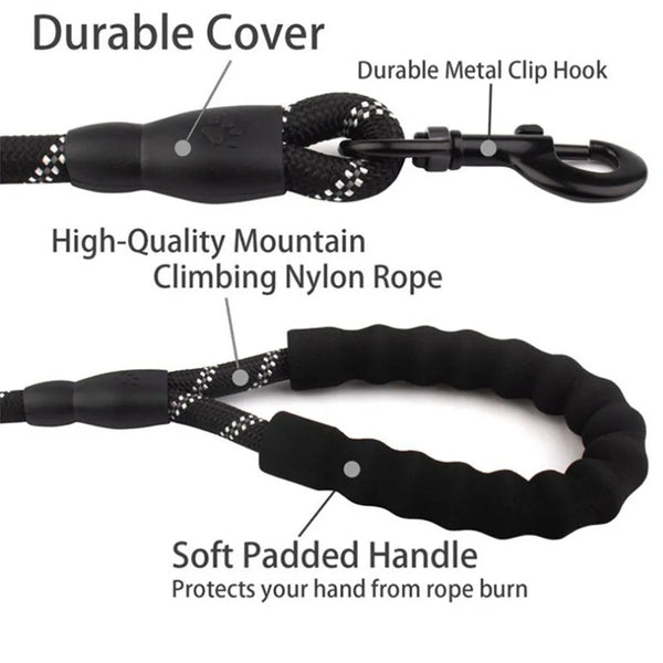 Close-up view of a black heavy duty leash featuring a durable cover, metal clip hook, nylon rope, and soft padded handle.