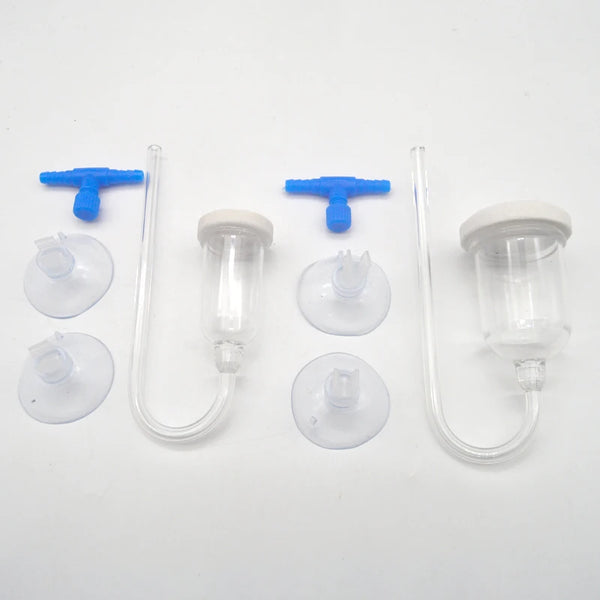 Clear aquarium CO2 diffuser with a tube, suction cup, and blue bubble counter.