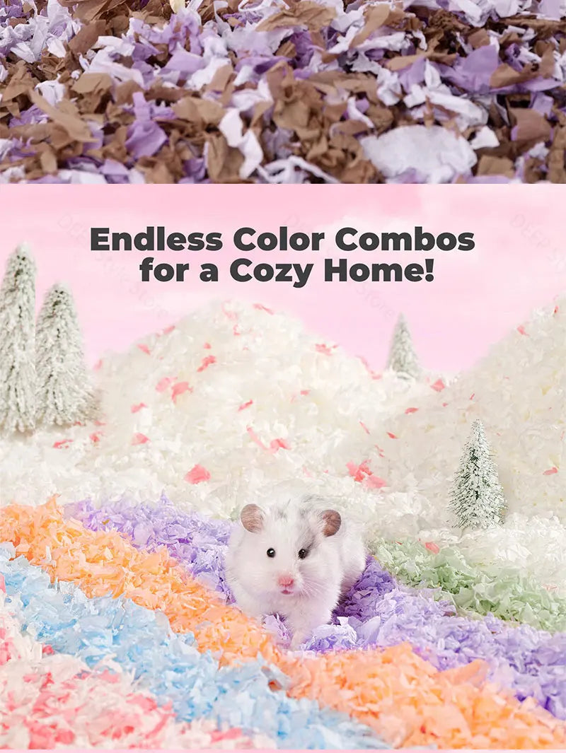Gemütiges Papierbett für Syrische Hamster mit unendlichen Farbkombinationen wie Pink, Lila und Orange.