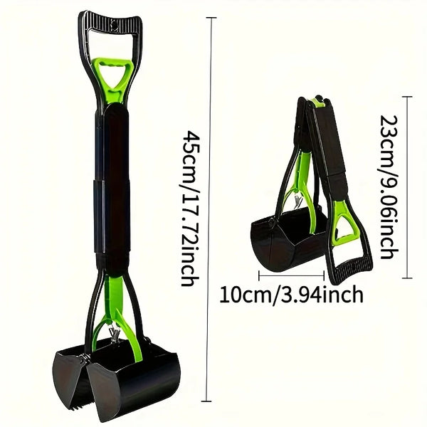 A black and lime green portable foldable dog poop scooper with a handle and scoop.