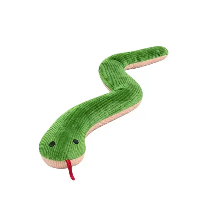 A green crinkle snake toy with a pink belly and a red tip, designed for pets.