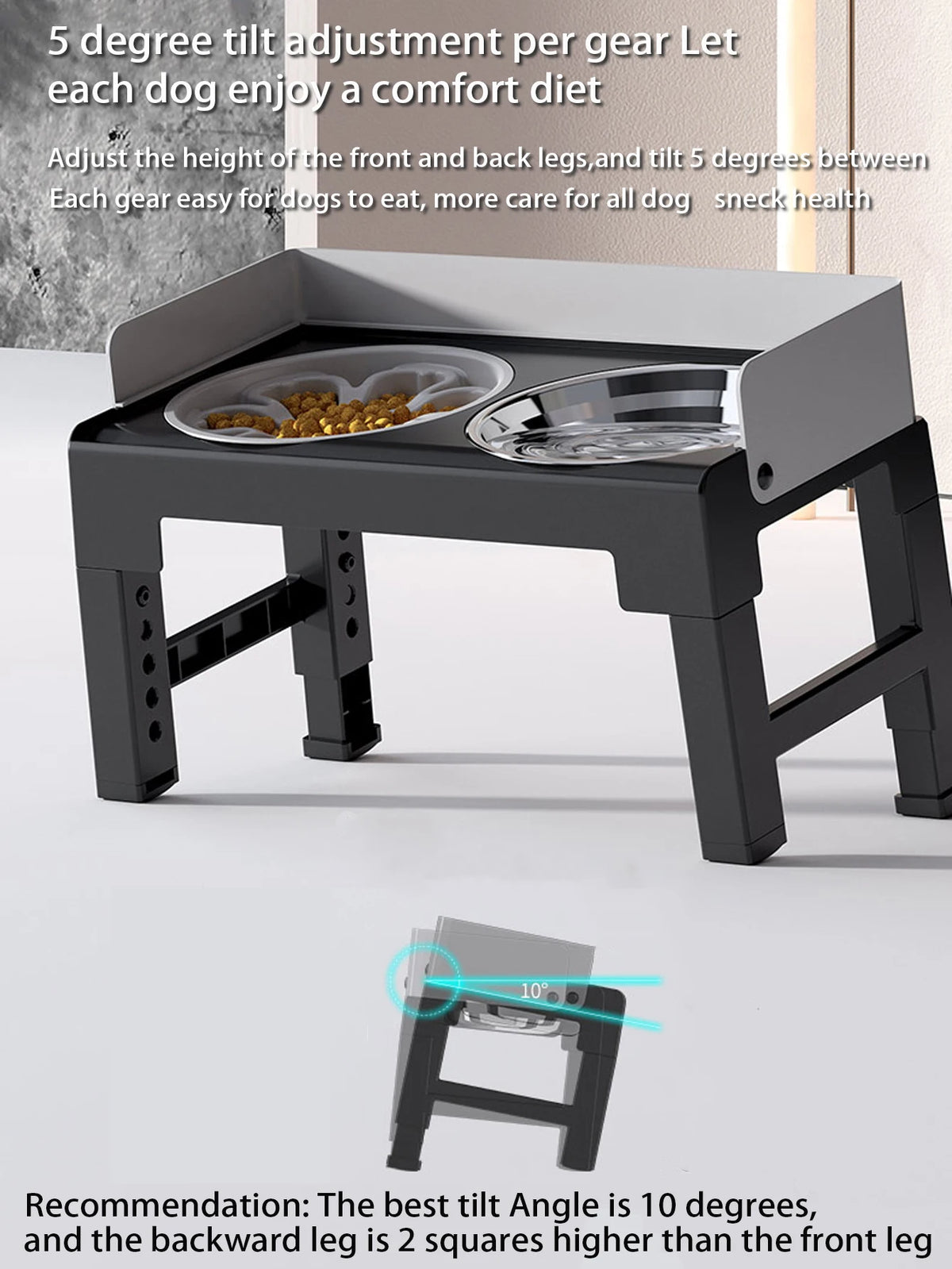 Black collapsible elevated dog feeder with adjustable tilt for a comfortable diet.