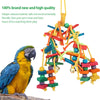 A colorful wooden bead chew toy for parrots featuring various colored beads and a hanging hook.