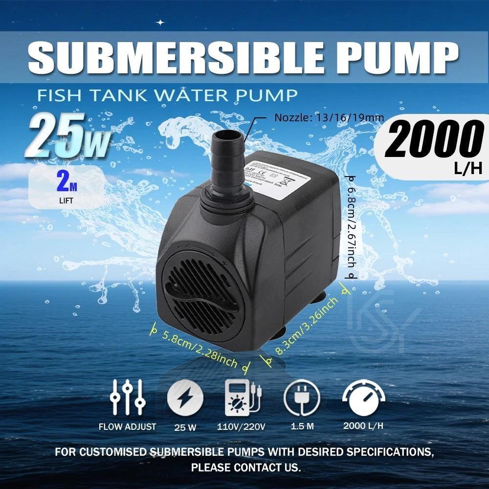 A black submersible pump for a fish tank, showing its specifications and nozzle.