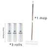 A long, slender white retractable lint roller mop with a cleaning head and three refill rolls shown next to it.