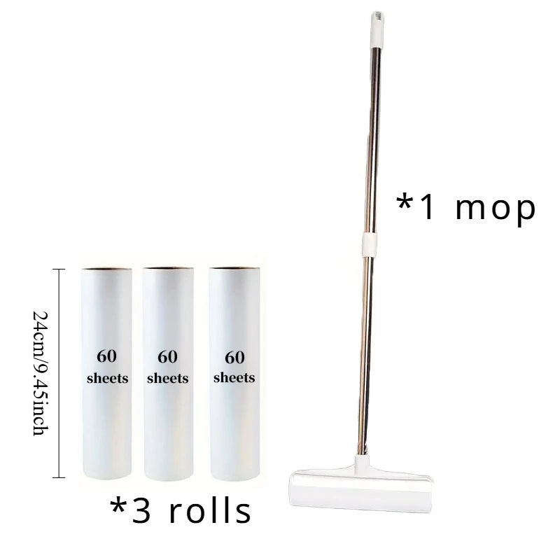 A long, slender white retractable lint roller mop with a cleaning head and three refill rolls shown next to it.