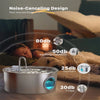 A stainless steel pet water fountain is shown with various water flow features like an alarm, washing machines, fountain, and