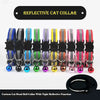 A variety of colorful reflective cat collars with breakaway buckles and bells displayed on a black background.