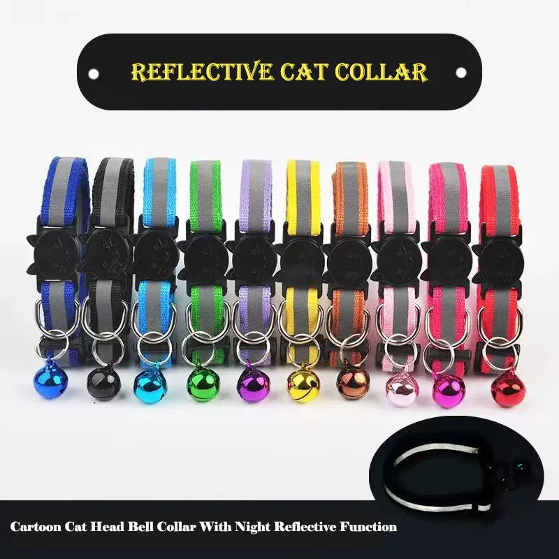 A variety of colorful reflective cat collars with breakaway buckles and bells displayed on a black background.