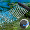 A black aquarium filter pump is shown spraying water into a tank, demonstrating the flow adjusting knob feature.