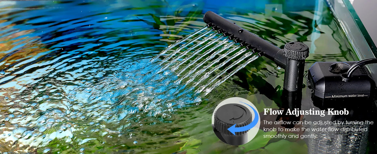 A black aquarium filter pump is shown spraying water into a tank, demonstrating the flow adjusting knob feature.