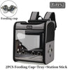 Grey feeding cup tray and station stick for a bird travel backpack
