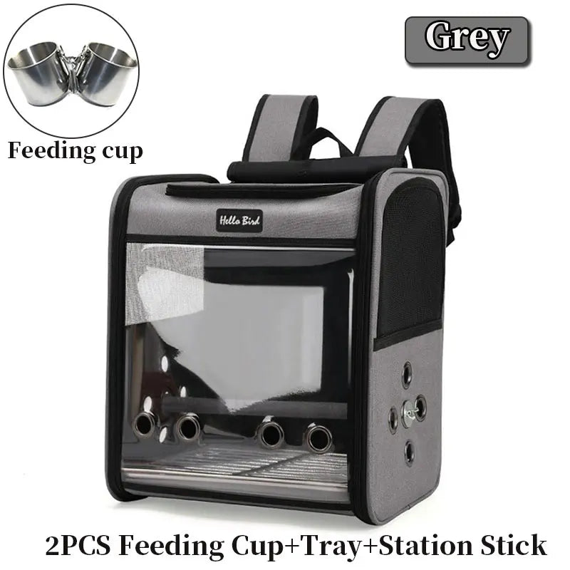 Grey feeding cup tray and station stick for a bird travel backpack
